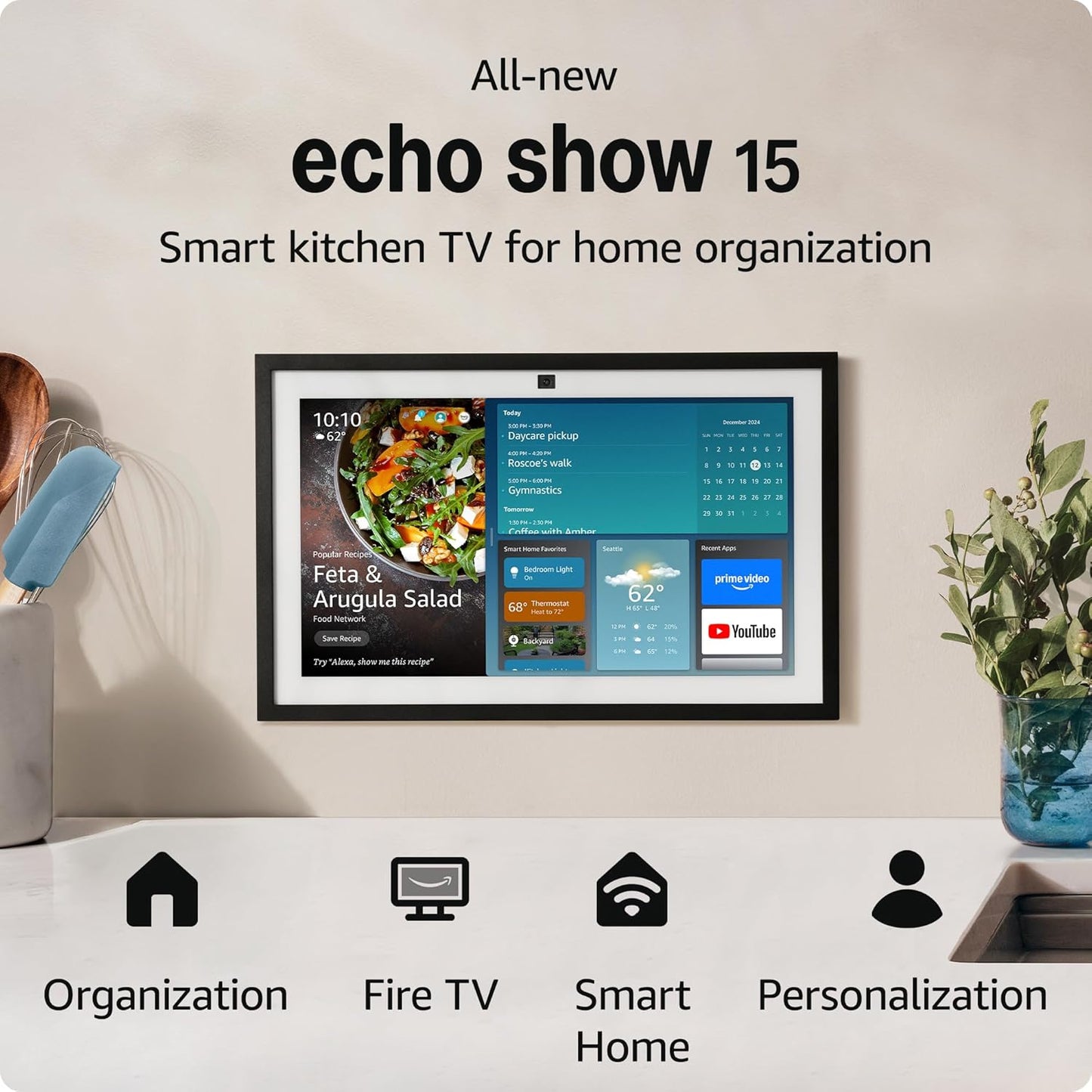 All-New  Echo Show 15 | a Stunning HD 15.6" Smart Kitchen TV for Home Organization with Alexa