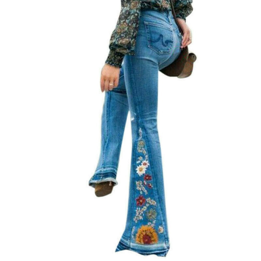 Denim flared trousers with embroidered embroidery