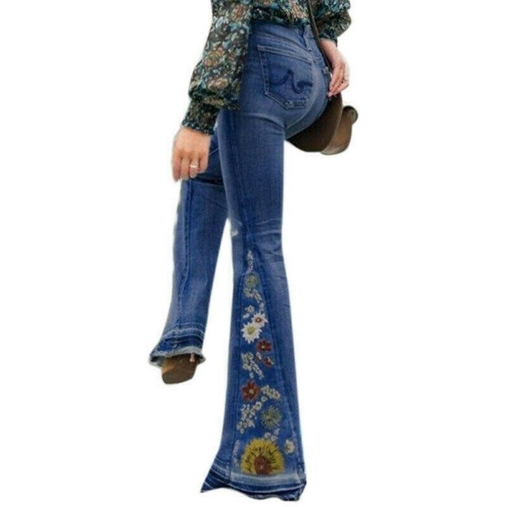 Denim flared trousers with embroidered embroidery