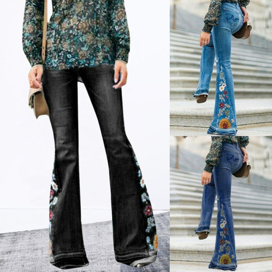 Denim flared trousers with embroidered embroidery