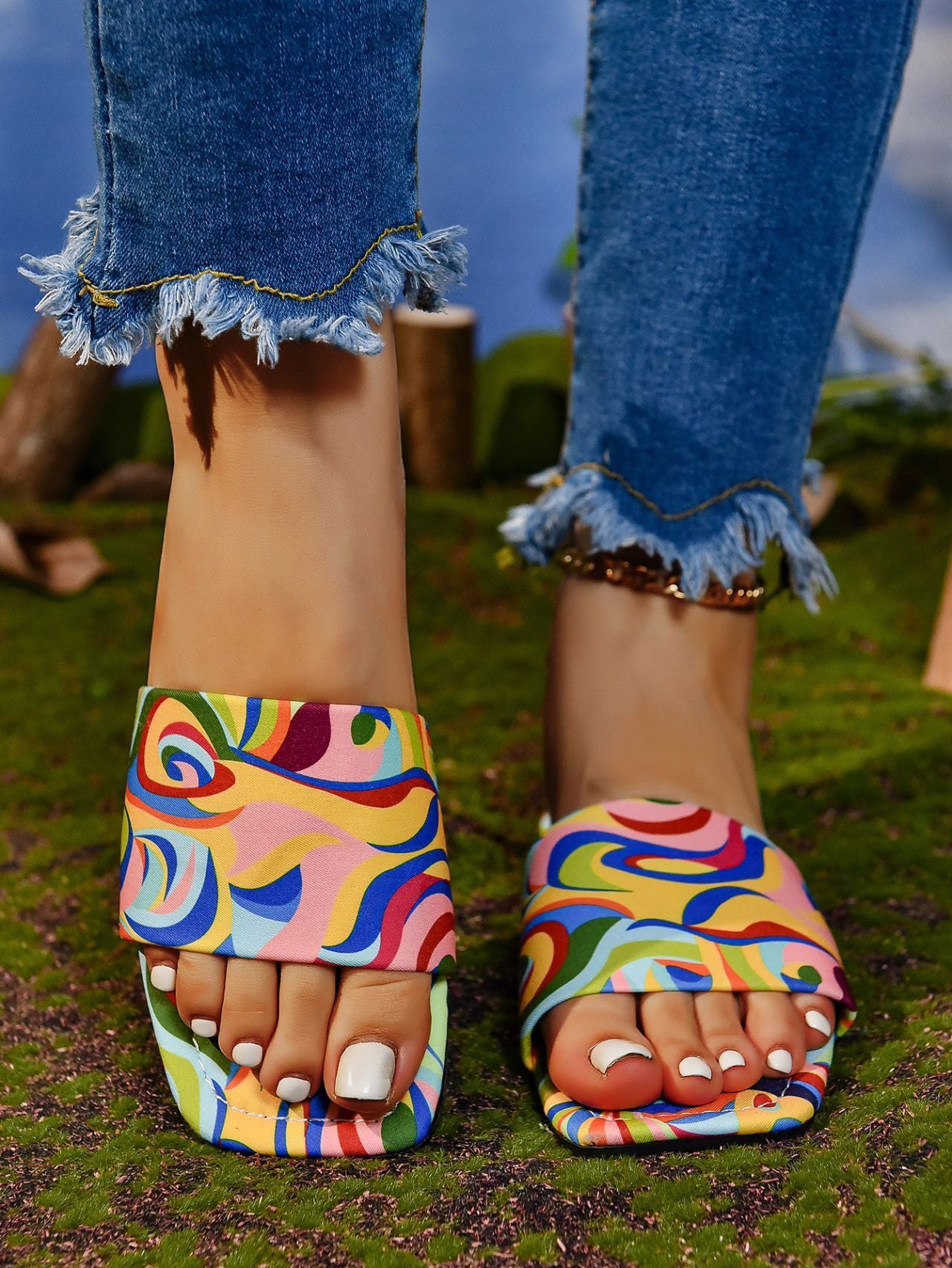 Graffiti Flat Slippers Outdoor Candy Color Square Toe Beach Sandals