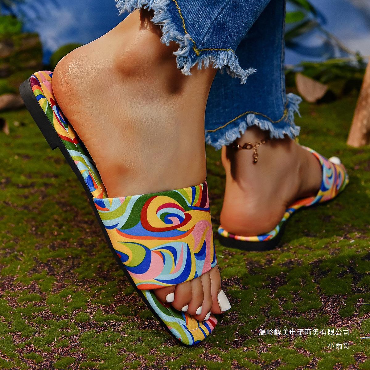 Graffiti Flat Slippers Outdoor Candy Color Square Toe Beach Sandals