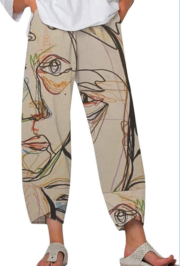 Slub Linen Loose Fashion Digital Printing Casual Pants