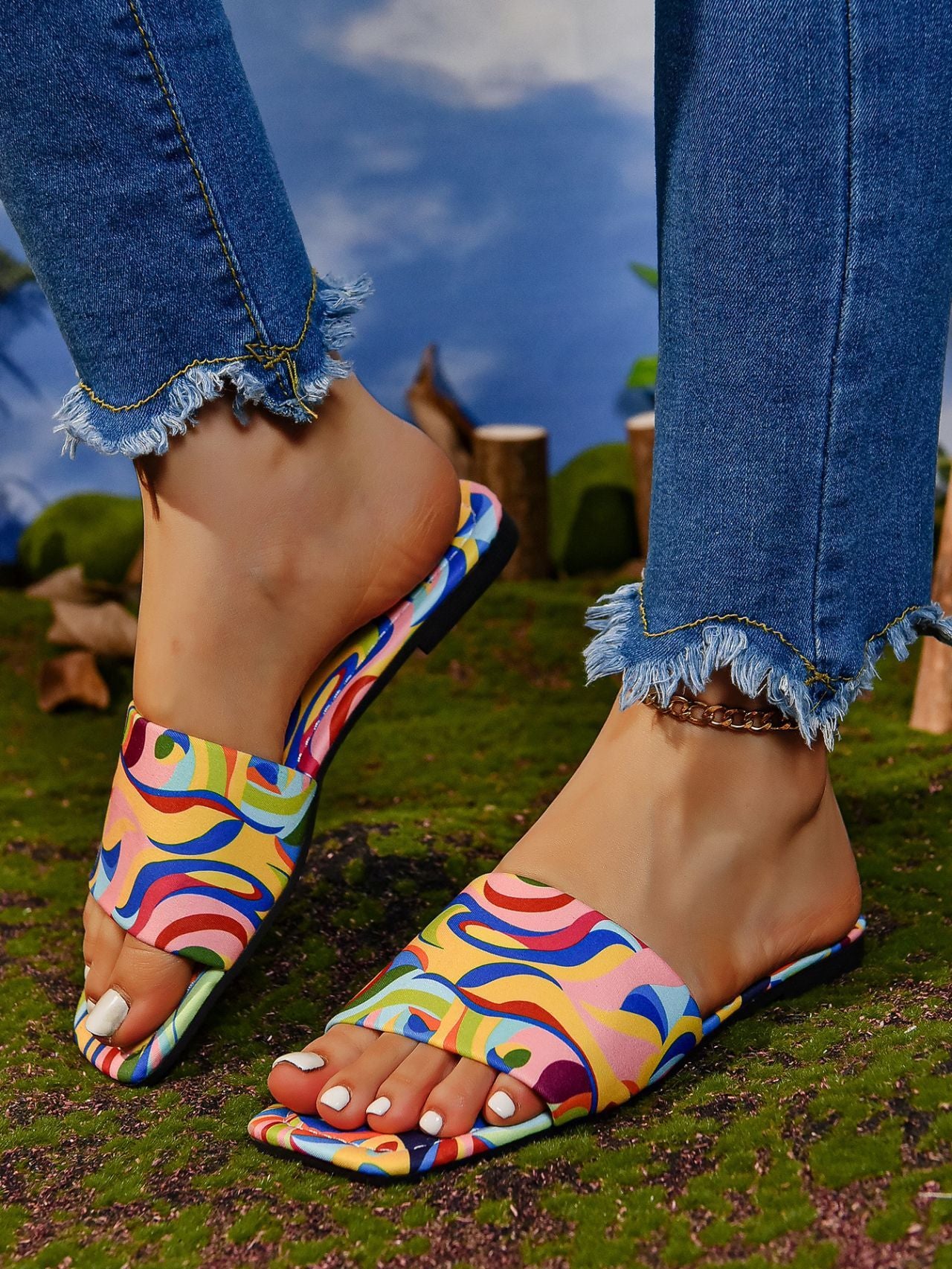 Graffiti Flat Slippers Outdoor Candy Color Square Toe Beach Sandals