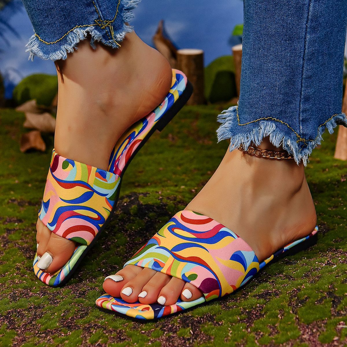 Graffiti Flat Slippers Outdoor Candy Color Square Toe Beach Sandals