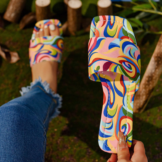 Graffiti Flat Slippers Outdoor Candy Color Square Toe Beach Sandals
