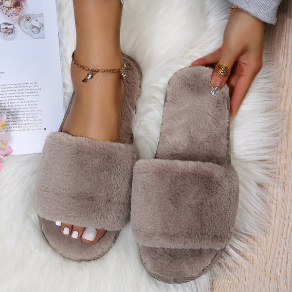Fluffy Women's Indoor Lazy Plush Slippers Flat Cotton Slippers