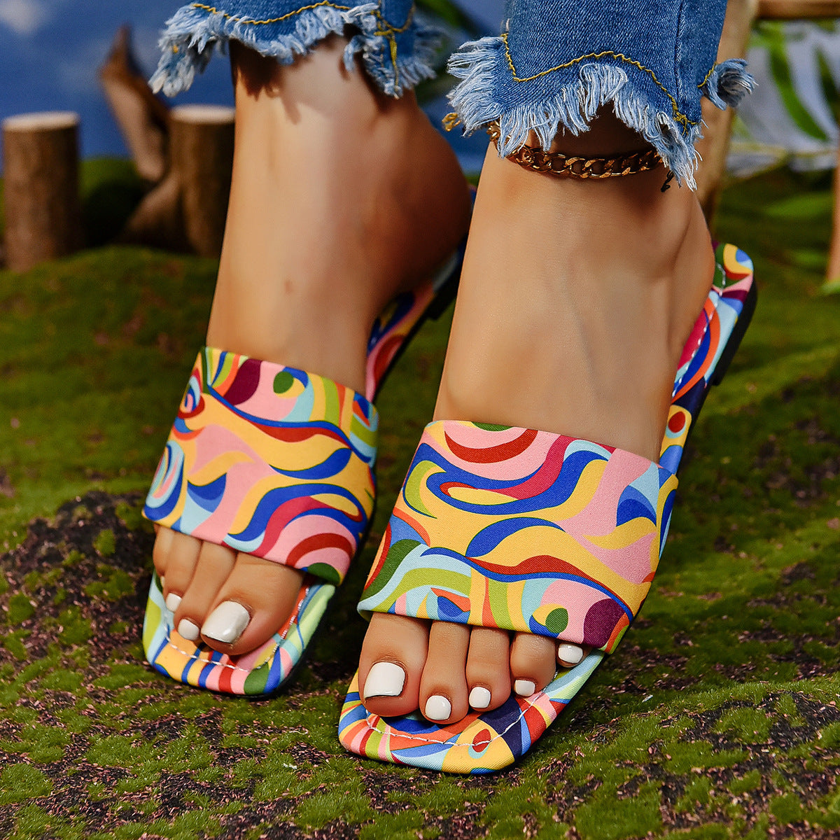 Graffiti Flat Slippers Outdoor Candy Color Square Toe Beach Sandals