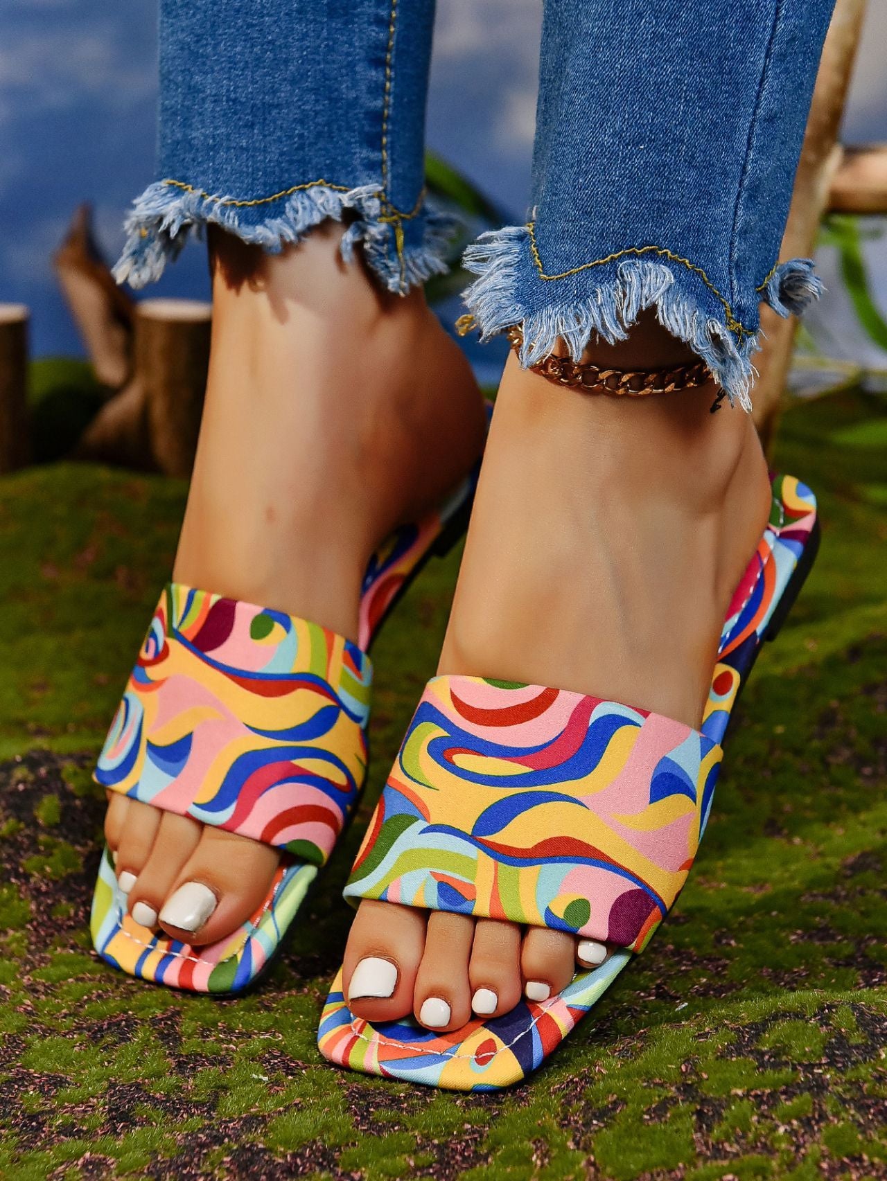 Graffiti Flat Slippers Outdoor Candy Color Square Toe Beach Sandals