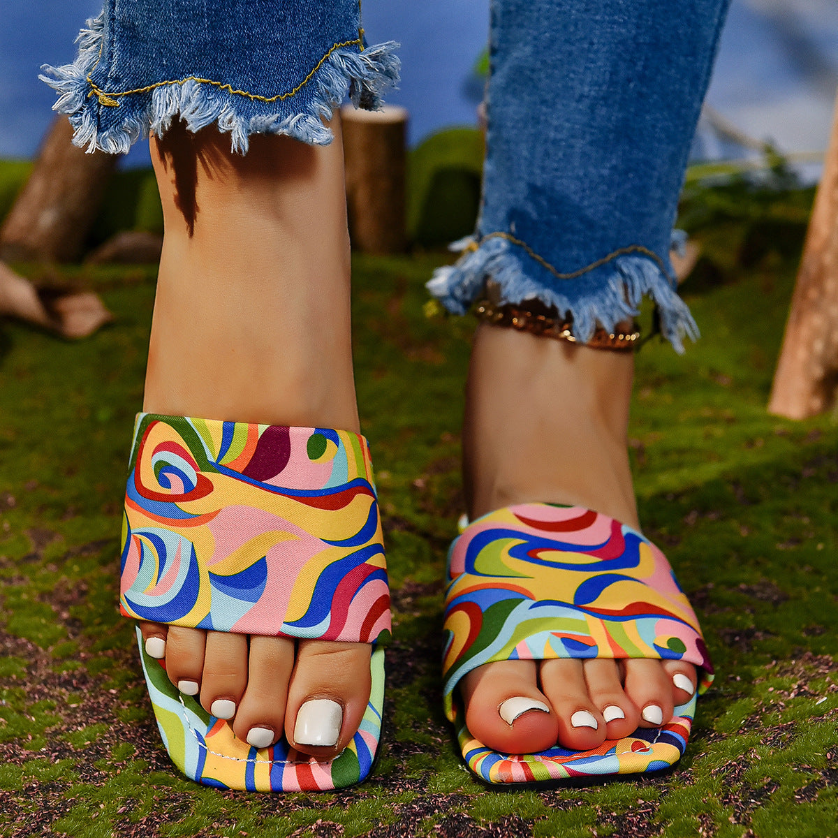 Graffiti Flat Slippers Outdoor Candy Color Square Toe Beach Sandals